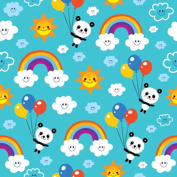 Panda bear rainbows clouds sky kids seamless pattern — Stock Vector