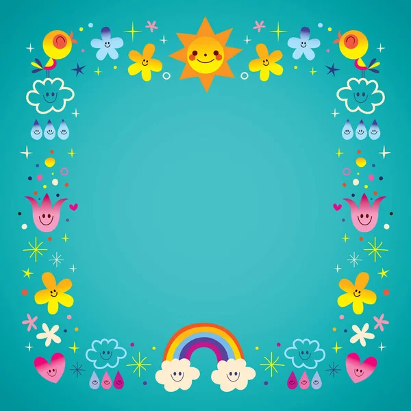 Sun clouds rainbow singing birds raindrops flowers characters nature frame border — Stock Vector