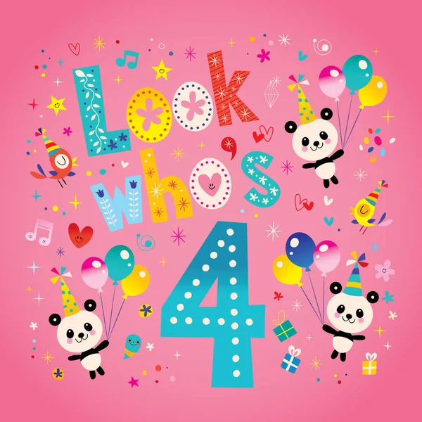 Look who's four - fourth birthday card with cute panda bears — Stock Vector