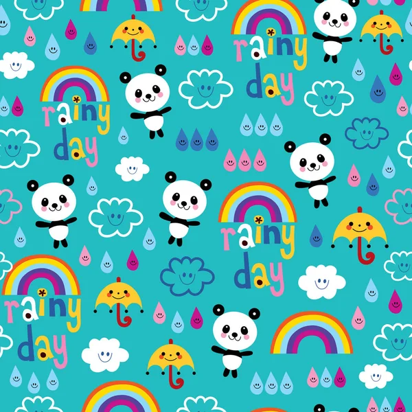 Jour de pluie nuages arc-en-ciel parapluies gouttes de pluie panda ours motif sans couture — Image vectorielle