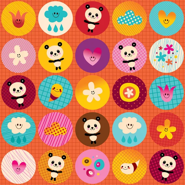 Κύκλους μοτίβο χαριτωμένο μωρό panda αρκούδες λουλούδια σύννεφα — Διανυσματικό Αρχείο
