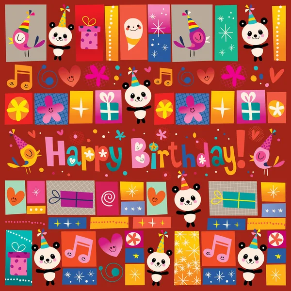 Feliz cumpleaños tarjeta de felicitación con osos panda lindo y aves — Vector de stock