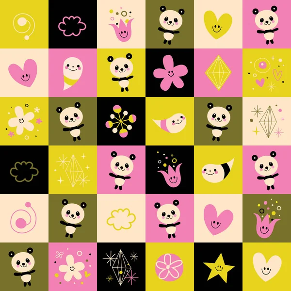 Panda orsi cuori fiori natura modello — Vettoriale Stock