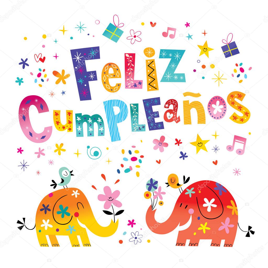  Feliz Cumpleanos Happy Birthday in Spanish greeting card with cute elephants