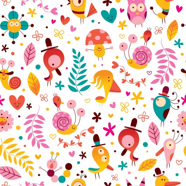 Flowers birds snails characters nature seamless pattern — Stock Vector