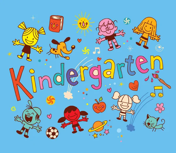 Kindergarten letras de mano únicas con grupo de niños y mascotas — Vector de stock