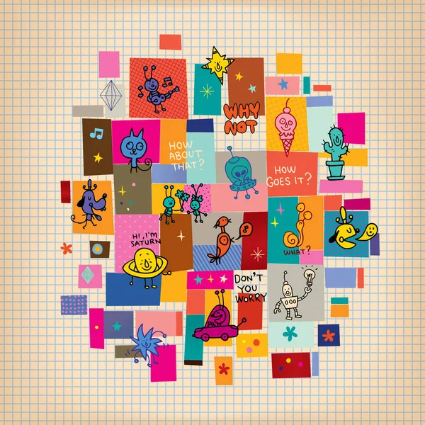 Doodle collage dibujos animados personajes elementos de diseño — Vector de stock