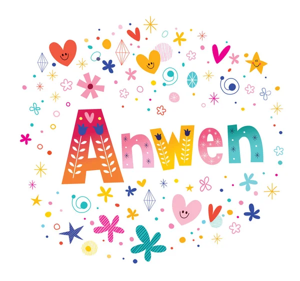 Anwen girls name decorative lettering type design — Stock Vector
