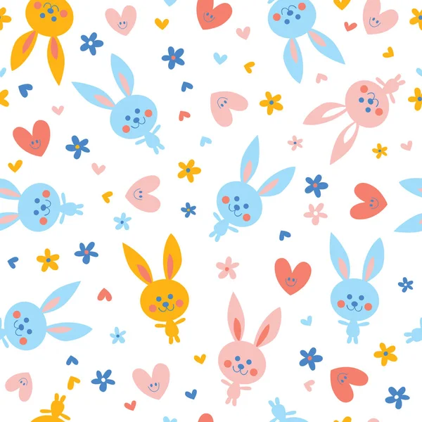 Söt Baby Kaniner Blommor Och Hjärtan Sömlösa Mönster — Stock vektor