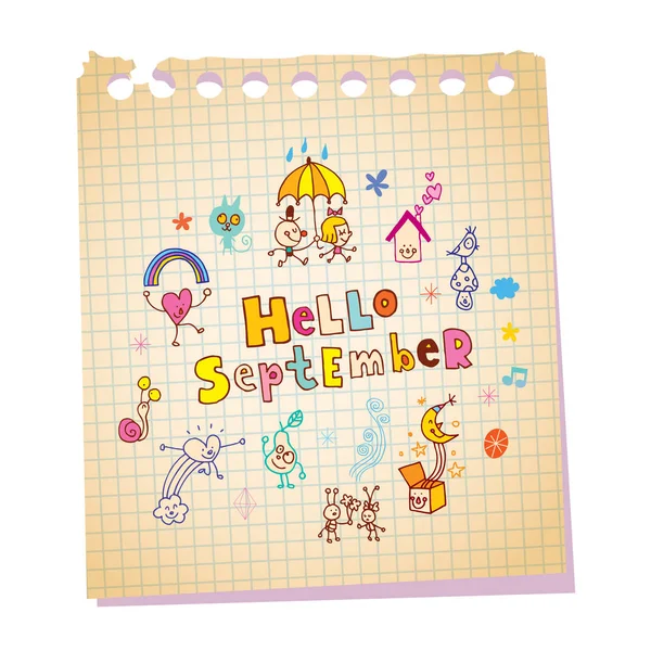 Hello September Note Pad Paper Message — Stock Vector