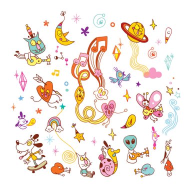 eğlenceli çizgi film karakterleri grup tasarım öğeleri kümesi