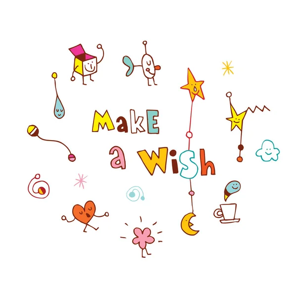 Make Wish Hand Lettering Design Cute Characters — Stock Vector