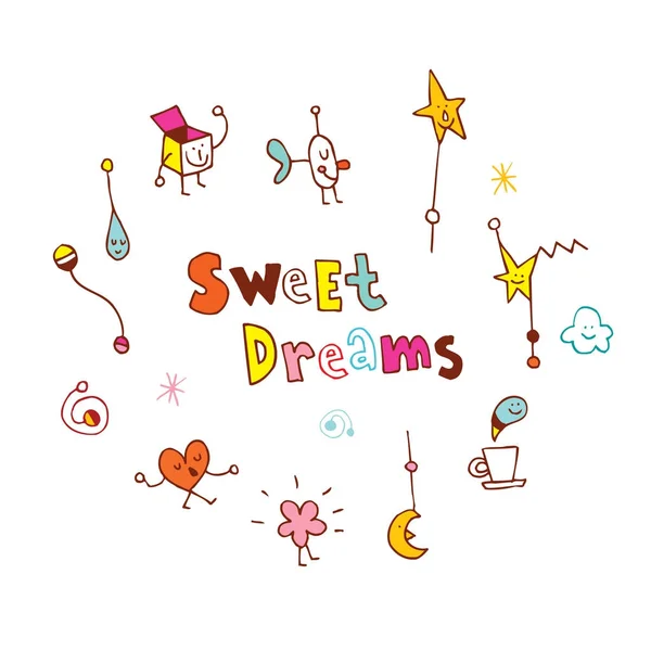 Sweet Dreams Hand Lettering Design Cute Characters — Stock Vector