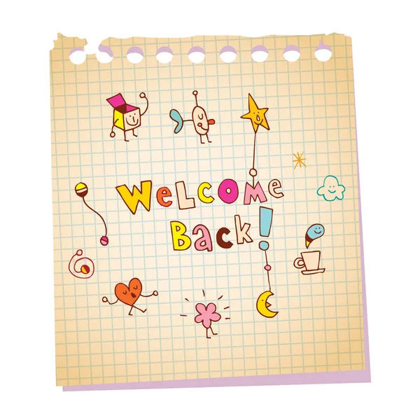 Welcome Back Pesan Kertas Notepad Dengan Desain Huruf Tangan Yang - Stok Vektor