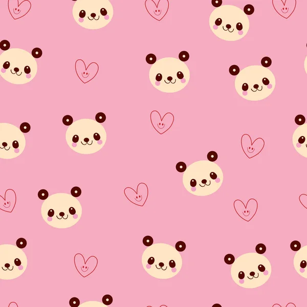 可爱的熊猫熊和心脏无缝模式 — 图库矢量图片