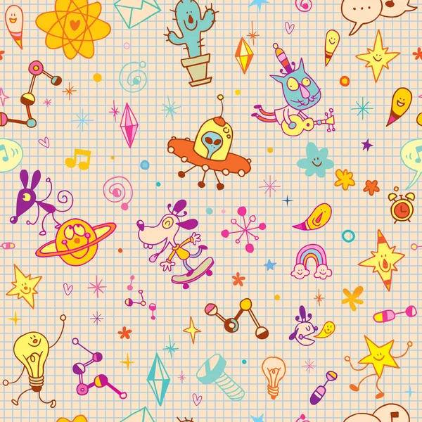 Fun Cartoon Characters Seamless Pattern Notebook Paper Background — Stock Vector