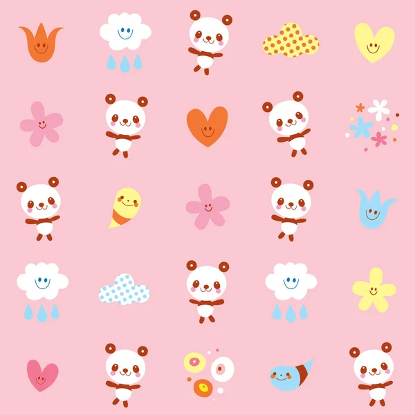 Baby Panda Beren Bloemen Wolken — Stockvector