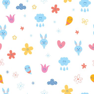 Bebek bunnies çiçek bulutlar kalpler çocuklar seamless modeli