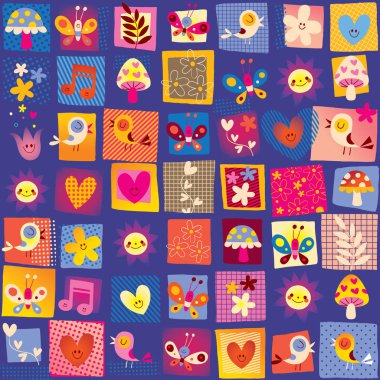 şirin çiçekler kuşlar ve kalpleri doğa desen