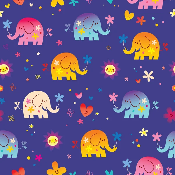 Cute Elephants Flowers Seamless Pattern — Stock Vector