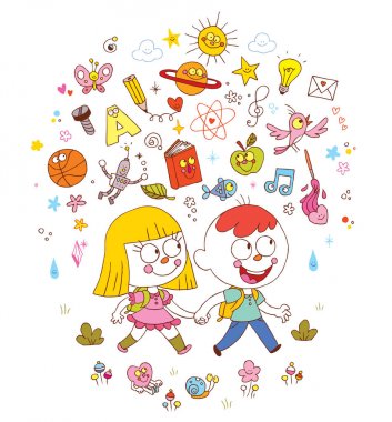 küçük erkek ve kız okula gidiyor - eğitim bilgi bilim kavramı illüstrasyon öğrenme