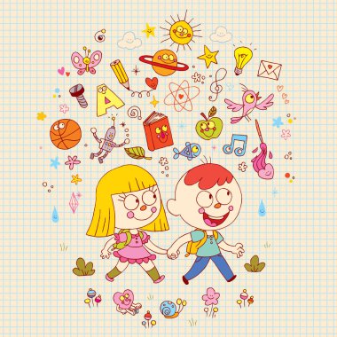 küçük erkek ve kız okula gidiyor - eğitim bilgi illüstrasyon öğrenme