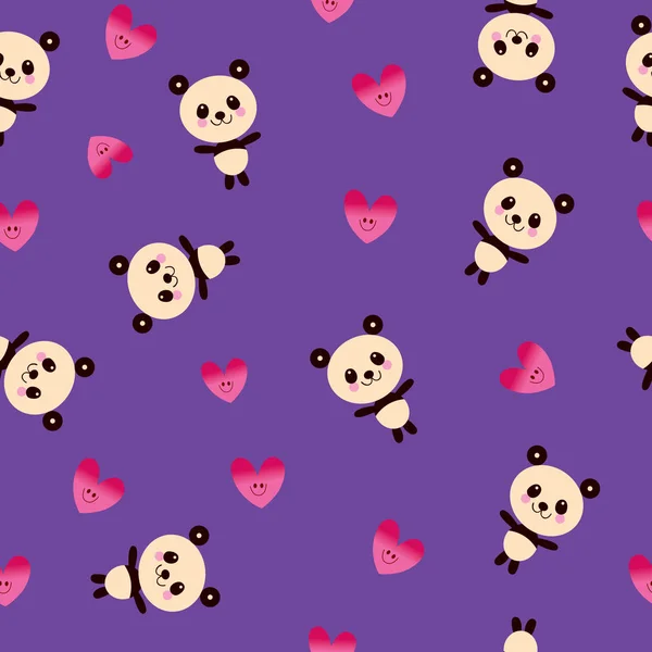 Lindo Panda Osos Corazones Patrón Sin Costuras — Archivo Imágenes Vectoriales