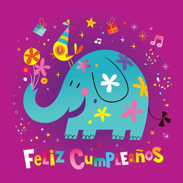 西班牙贺卡里印有可爱的大象和小鸟 祝你生日快乐 — 图库矢量图片