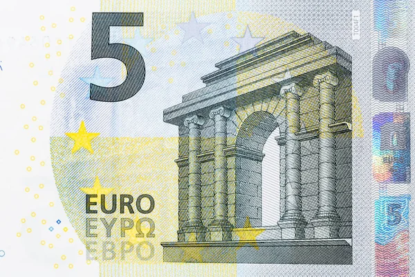 Foto in primo piano di una parte della banconota da cinque euro . — Foto Stock