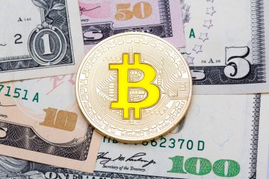 Amerikan dolarlarında altın Bitcoinler. Elektronik para değişimi kavramı