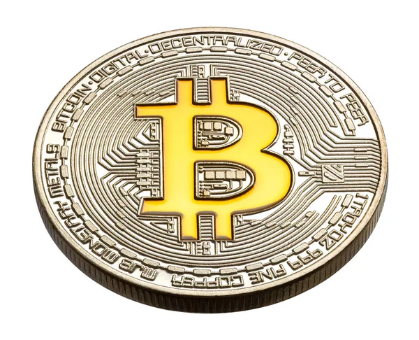 Criptomoneda física de color bitcoin monedas. Bitcoin amarillo . — Foto de Stock