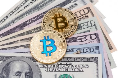 Doları banknot cryptocurrency mavi ve sarı bitcoins ile