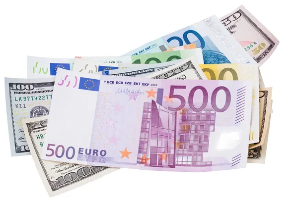 Euros y dólares aislados en blanco . — Foto de Stock