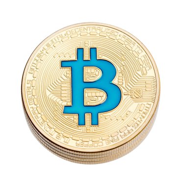 Beyaz zemin üzerine altın cruptocurrency mavi bitcoin. 