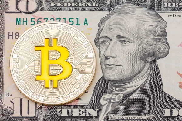 Altın cruptocurrency sarı ' bitcoin On dolarlık banknot üzerinde bac