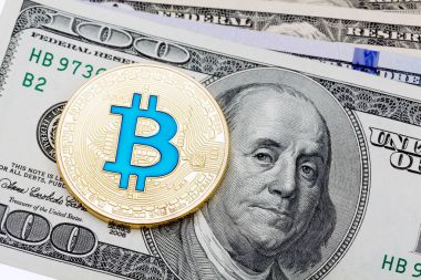 Doları banknot ile altın cryptocurrency mavi bitcoin whit üzerinde