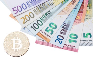 Altın bitcoin ve beyaz arka plan, Euro yakın makro 