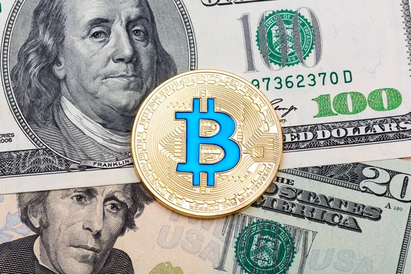 Bize altın mavi bitcoin, dolar arka plan yakın çekim.