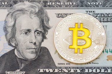 Altın cruptocurrency sarı ' bitcoin 20 dolarlık banknot üzerinde