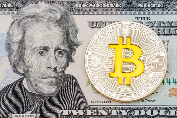 Altın cruptocurrency sarı ' bitcoin 20 dolarlık banknot üzerinde