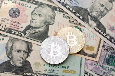 Doları nakit arka plan, banknot ve altın ve gümüş cruptycur