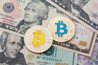 Doları banknot arka plan ile altın cruptycurrency bitcoins. 