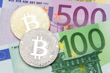 Altın ve gümüş bitcoin Euro arka plan. Bitcoin cryptocurrenc