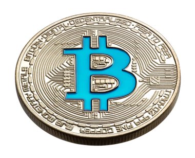 Cryptocurrency fiziksel bitcoin paralar renkli. Mavi bitcoin.