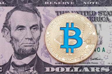 Doları banknot zemin üzerine altın cruptocurrency mavi bitcoin