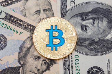Altın cruptocurrency mavi bitcoin farklı dolar backgrou üzerinde