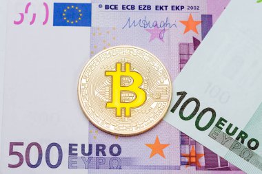 Altın cryptocurrency yelllow bitcoin euro arka plan üzerinde. 