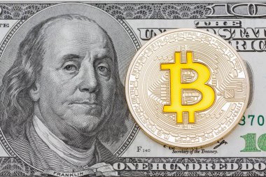 Amerikan dolarlarında altın Bitcoinler. Elektronik para değişimi kavramı