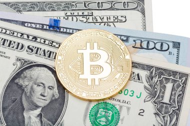 Beyaz zemin üzerine Amerikan Doları Altın bitcoin ile kaplı