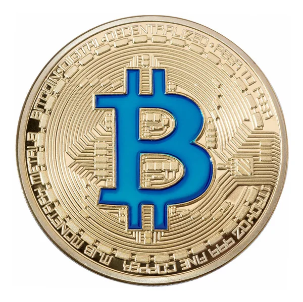 Bitcoin azul dorado aislado sobre fondo blanco . — Foto de Stock